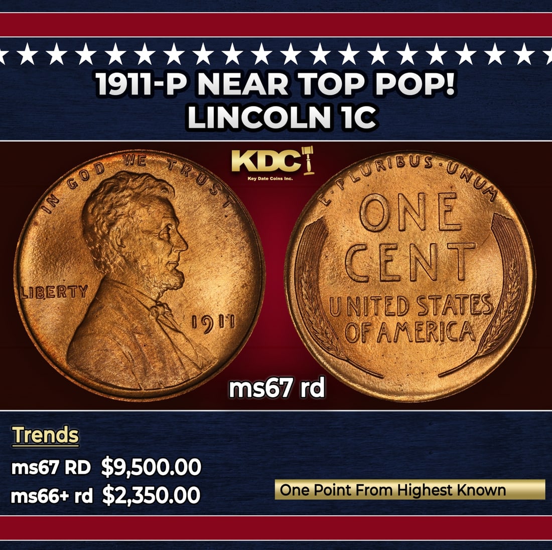 1911-p Lincoln Cent Near Top Pop! 1c ms67 rd SEGS: 1911-p Near Top Pop! Lincoln Cent 1c ms67 rd SEGS.