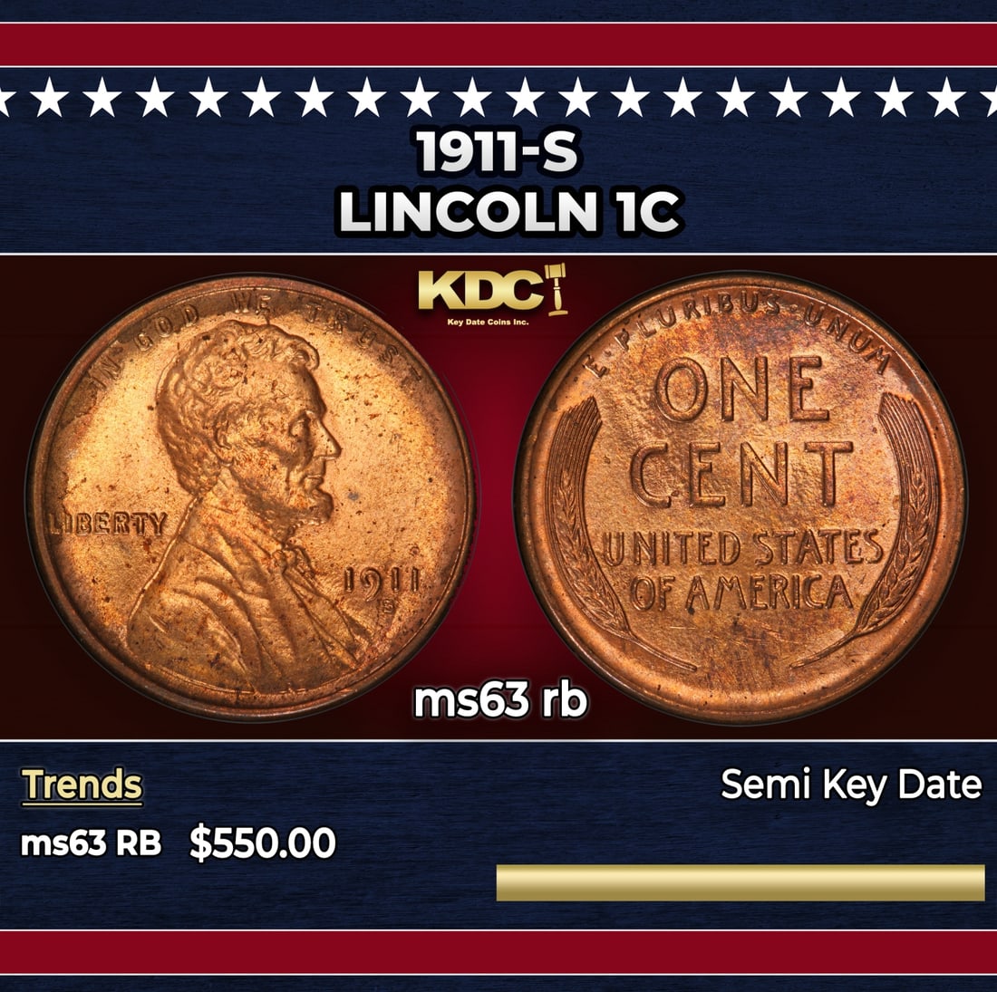 1911-s Lincoln Cent 1c Grades ms63 rb: 1911-s Lincoln Cent 1c Grades ms63 rb. Incredibly scarce date. PCGS estimates that out of an original mintage of over 4 million coins struck, only 900 remain in all grades.