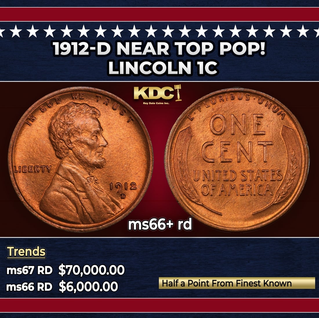 1912-d Lincoln Cent Near Top Pop! 1c ms66+ rd SEGS: 1912-d Near Top Pop! Lincoln Cent 1c ms66+ rd SEGS. According to David Hall, "The 1912-D is the second Denver mint Lincoln cent. It is rarer than the 1911-D and virtually identical in rarity to the 19