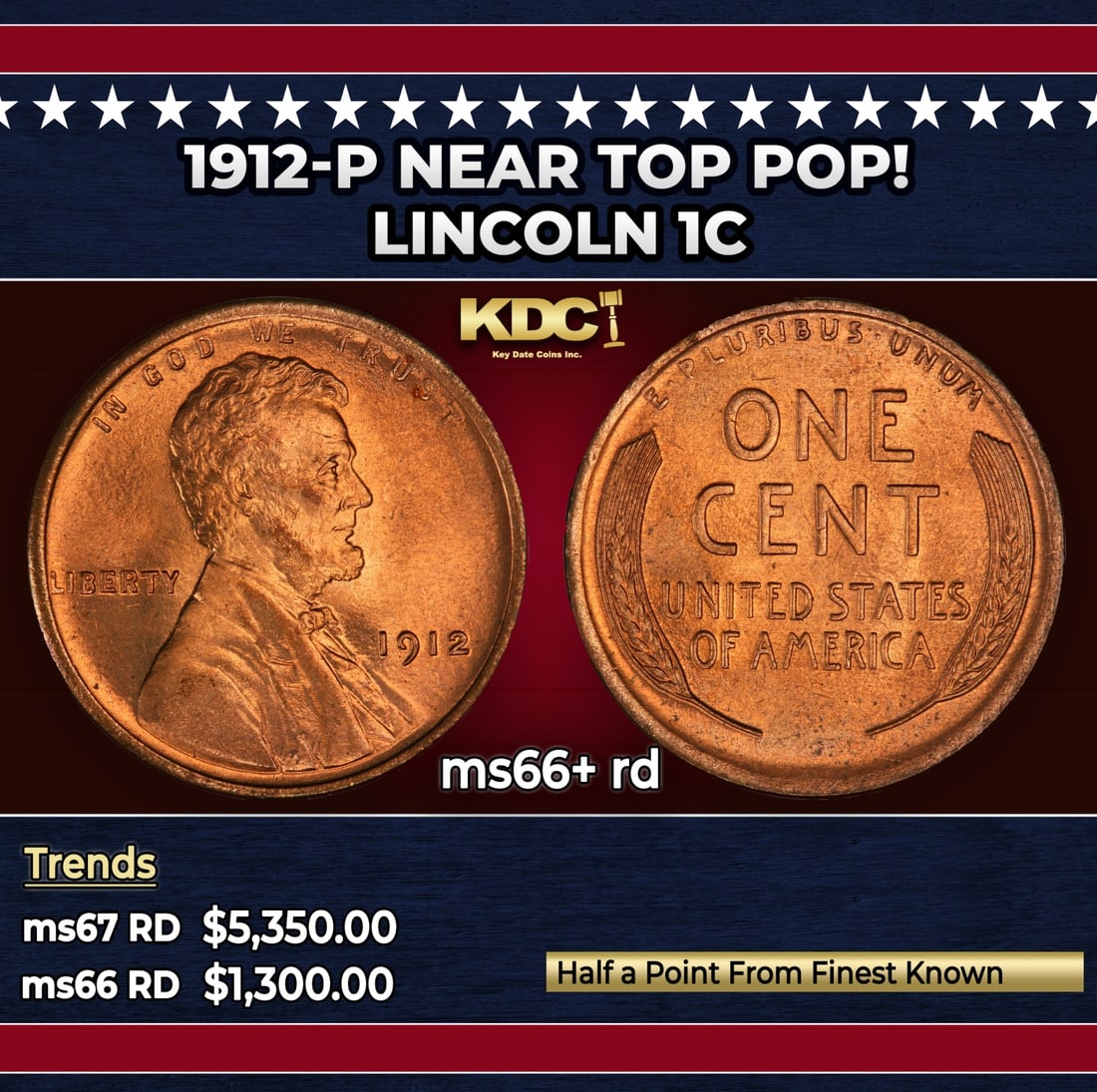1912-p Lincoln Cent Near Top Pop! 1c ms66+ rd SEGS: 1912-p Near Top Pop! Lincoln Cent 1c ms66+ rd SEGS.