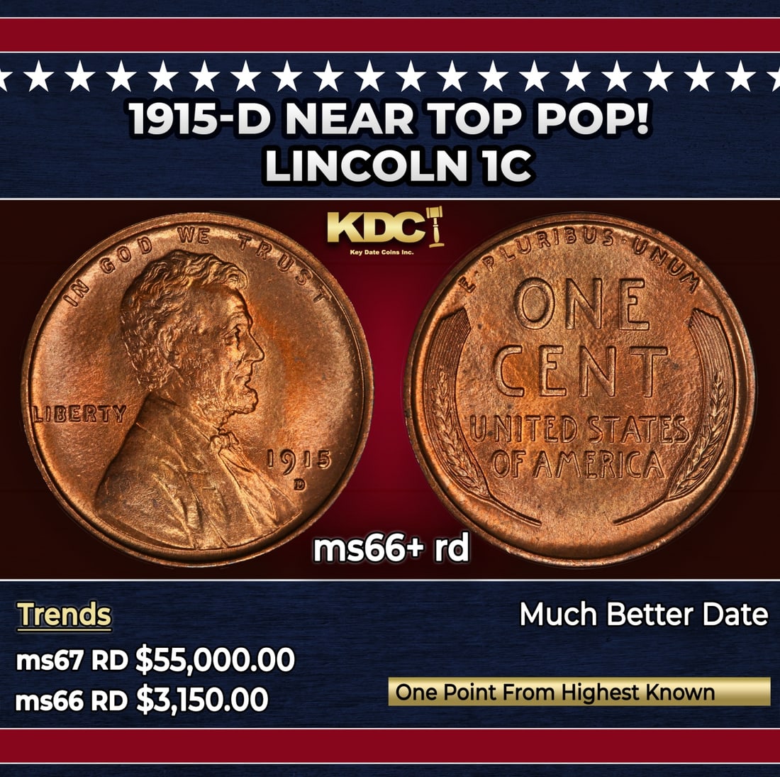 1915-d Lincoln Cent Near Top Pop! 1c ms66+ rd SEGS: 1915-d Near Top Pop! Lincoln Cent 1c ms66+ rd SEGS. Incredibly scarce date. Per David Hall at PCGS " Like the 1913-D, the 1915-D is a scarce and somewhat underrated semi-key date"