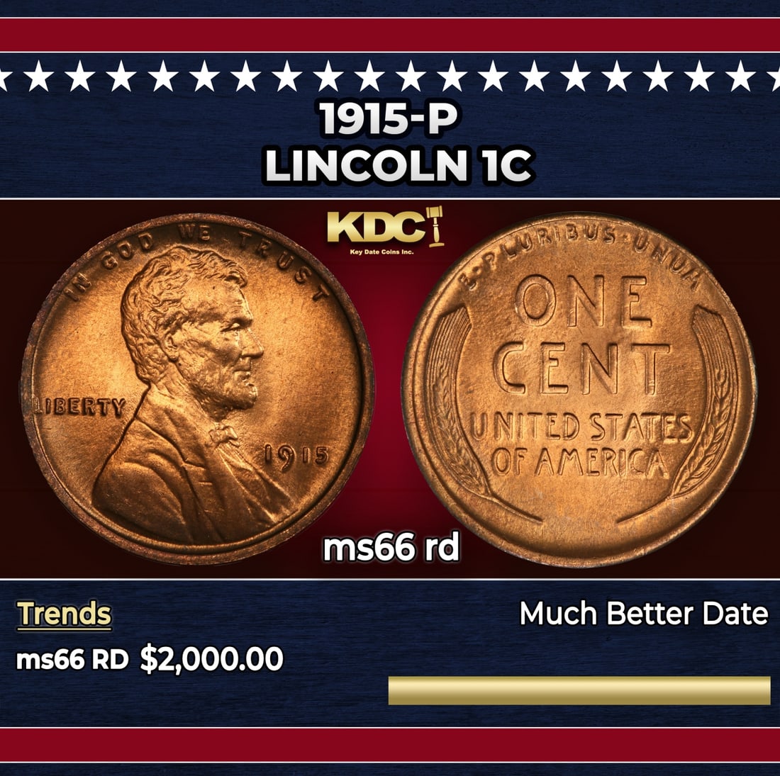 1915-p Lincoln Cent 1c ms66 rd SEGS (1 of 3)