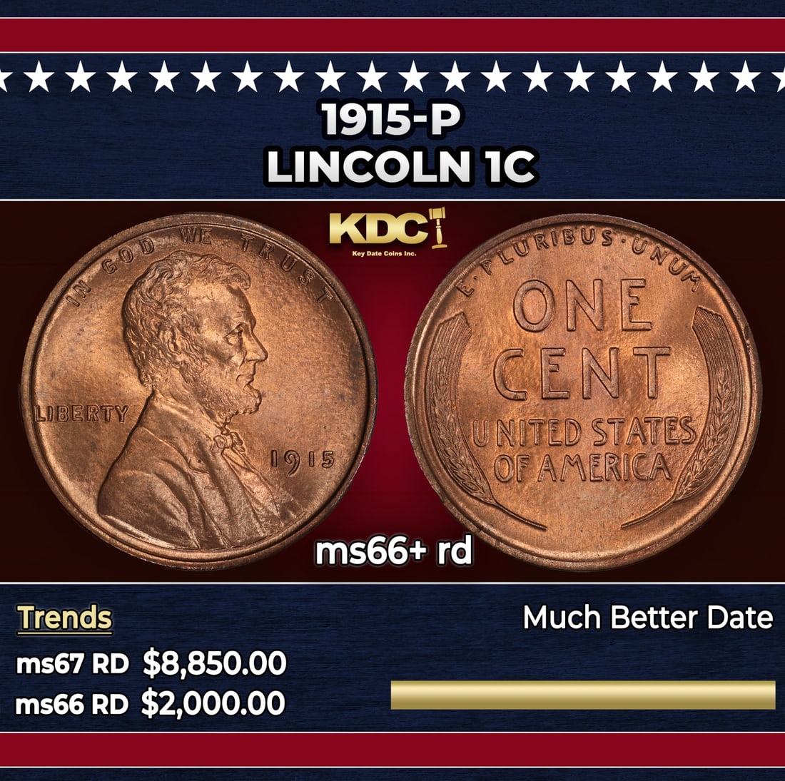 1915-p Lincoln Cent 1c ms66+ rd SEGS: 1915-p Lincoln Cent 1c ms66+ rd SEGS.