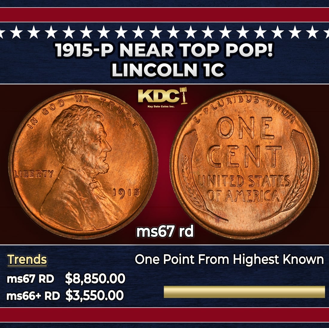 1915-p Lincoln Cent Near Top Pop! 1c ms67 rd SEGS: 1915-p Near Top Pop! Lincoln Cent 1c ms67 rd SEGS.
