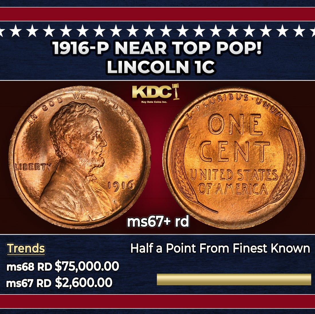 1916-p Lincoln Cent Near Top Pop! 1c ms67+ rd SEGS: 1916-p Near Top Pop! Lincoln Cent 1c ms67+ rd SEGS.