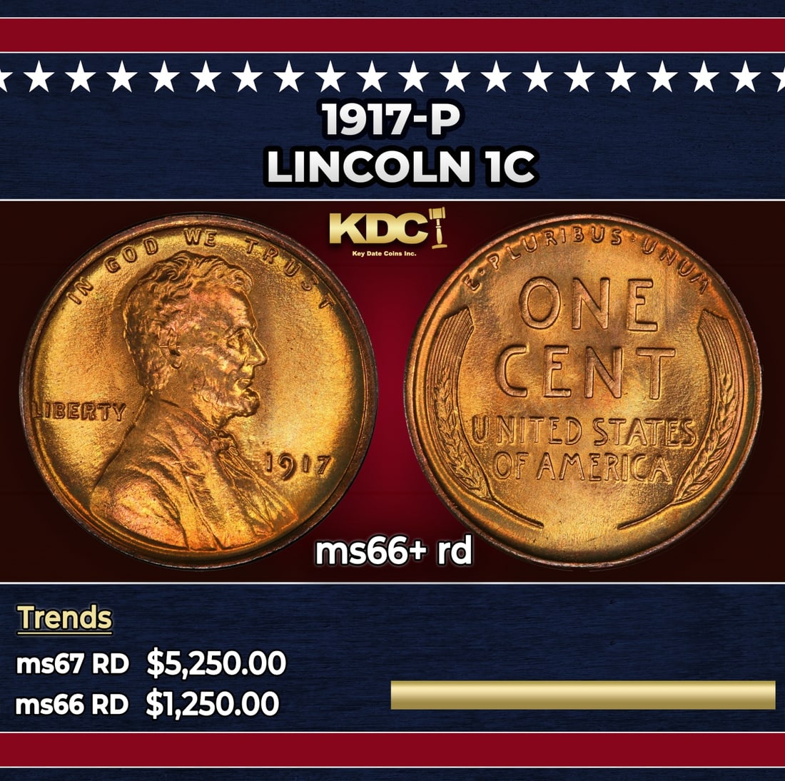 1917-p Lincoln Cent 1c ms66+ rd SEGS: 1917-p Lincoln Cent 1c ms66+ rd SEGS.