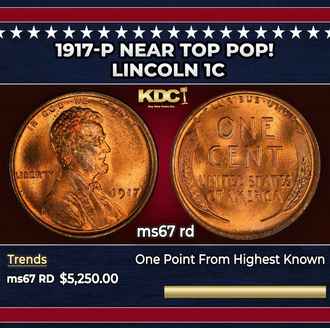 1917-p Lincoln Cent Near Top Pop! 1c ms67 rd SEGS: 1917-p Near Top Pop! Lincoln Cent 1c ms67 rd SEGS.