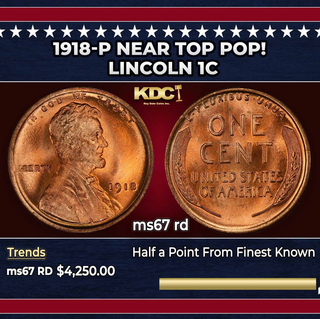 1918-p Lincoln Cent Near Top Pop! 1c ms67 rd SEGS: 1918-p Near Top Pop! Lincoln Cent 1c ms67 rd SEGS.