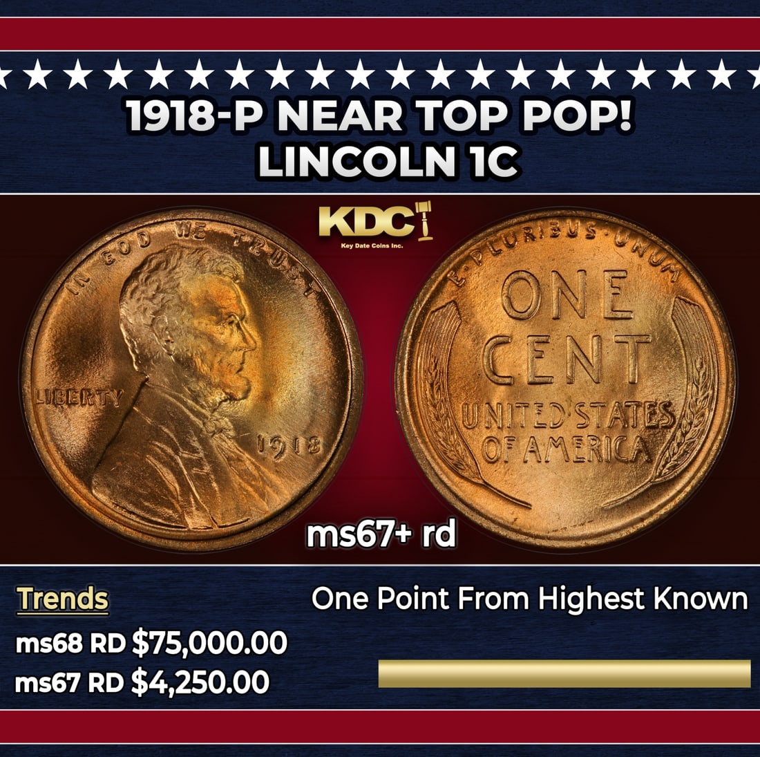 1918-p Lincoln Cent Near Top Pop! 1c ms67+ rd SEGS: 1918-p Near Top Pop! Lincoln Cent 1c ms67+ rd SEGS.