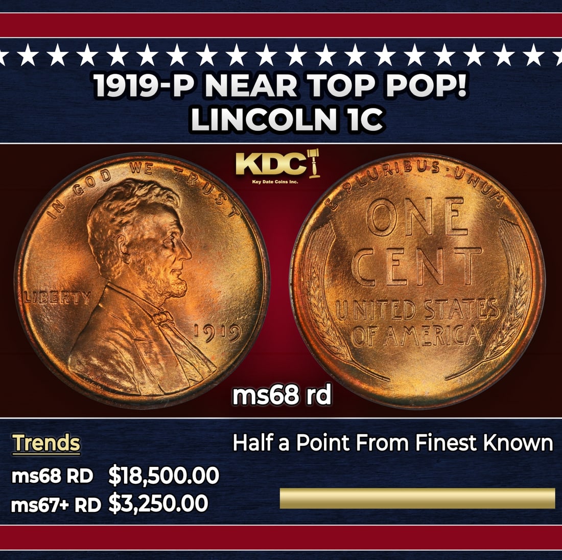 1919-p Lincoln Cent Near Top Pop! 1c ms68 rd SEGS: 1919-p Near Top Pop! Lincoln Cent 1c ms68 rd SEGS.