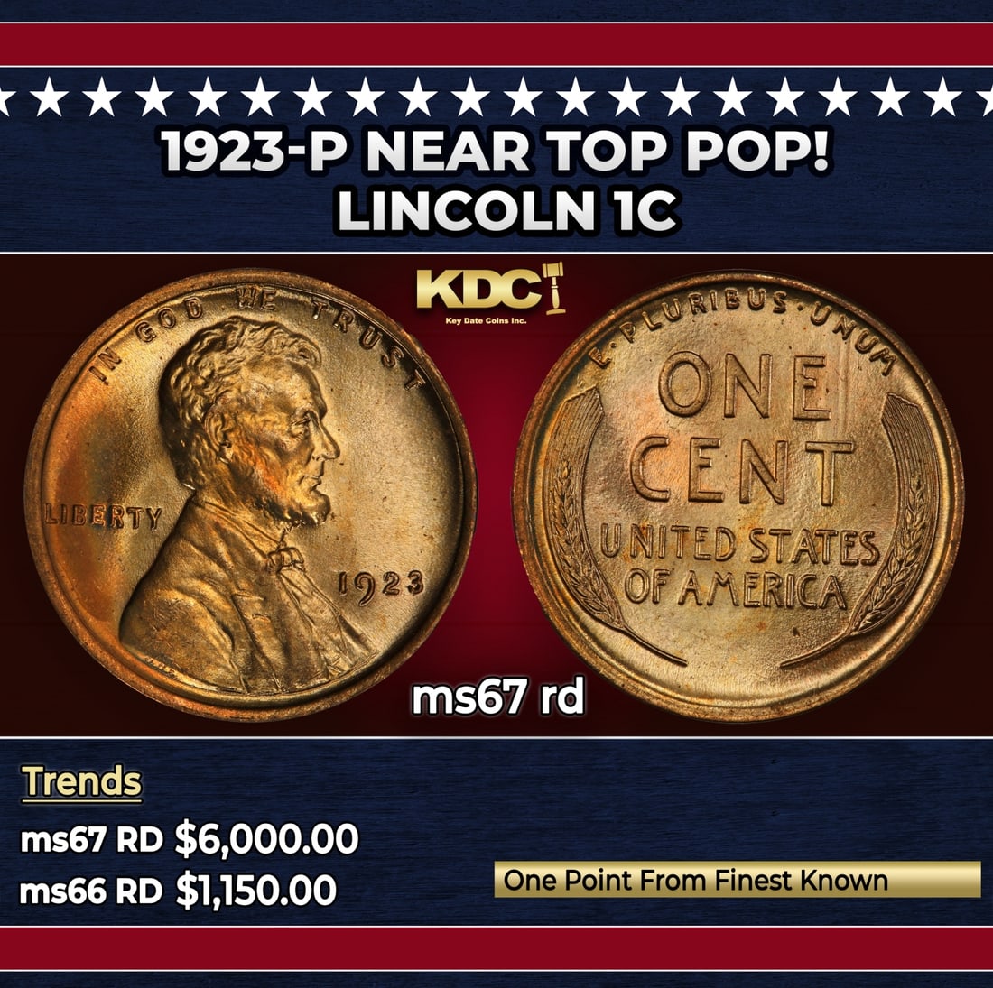 1923-p Lincoln Cent Near Top Pop! 1c ms67 rd SEGS: 1923-p Near Top Pop! Lincoln Cent 1c ms67 rd SEGS.