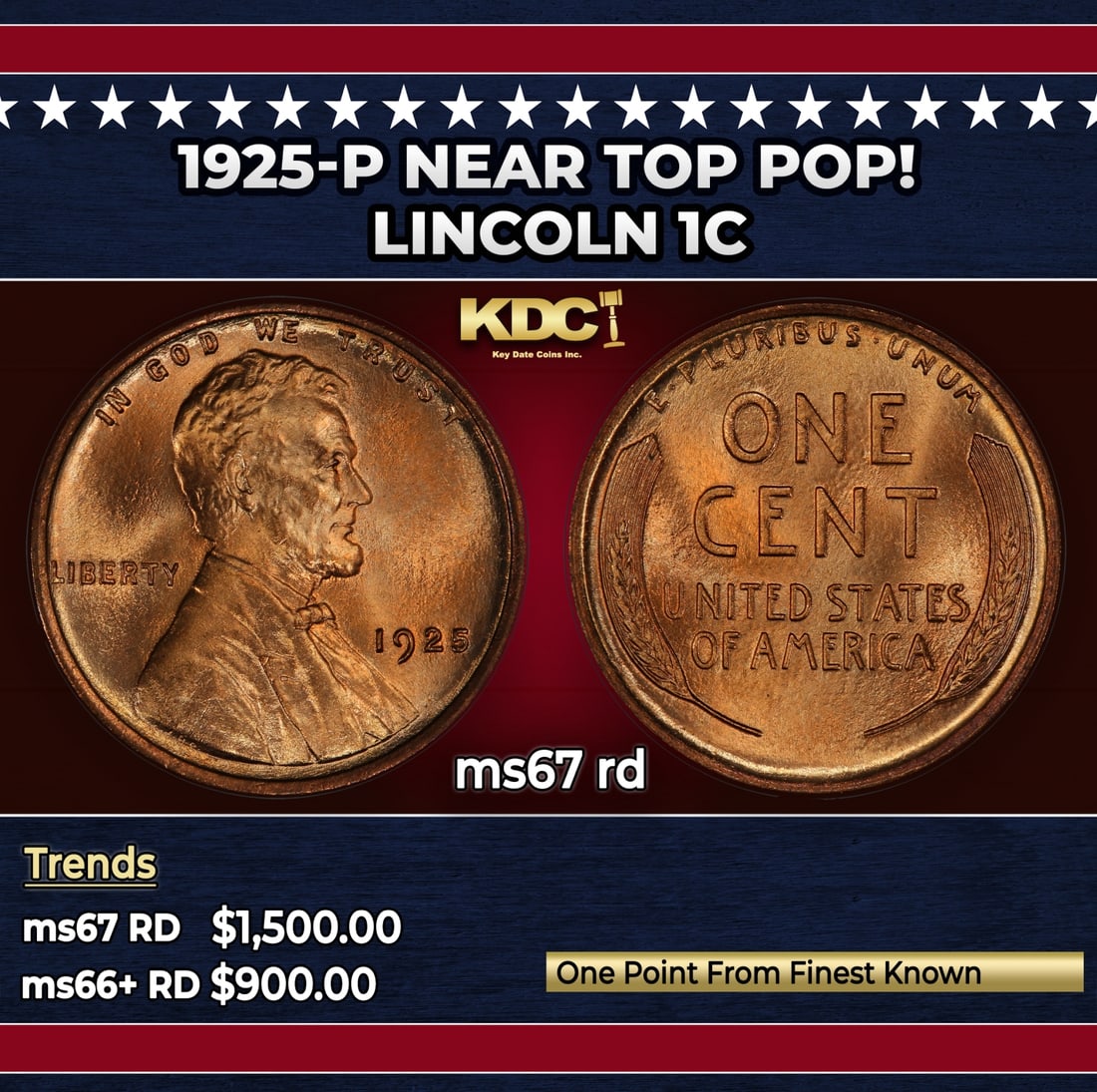 1925-p Lincoln Cent Near Top Pop! 1c ms67 rd SEGS: 1925-p Near Top Pop! Lincoln Cent 1c ms67 rd SEGS.