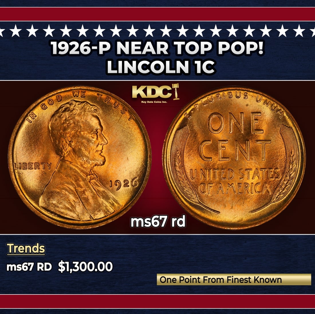 1926-p Lincoln Cent Near Top Pop! 1c ms67 rd SEGS: 1926-p Near Top Pop! Lincoln Cent 1c ms67 rd SEGS.
