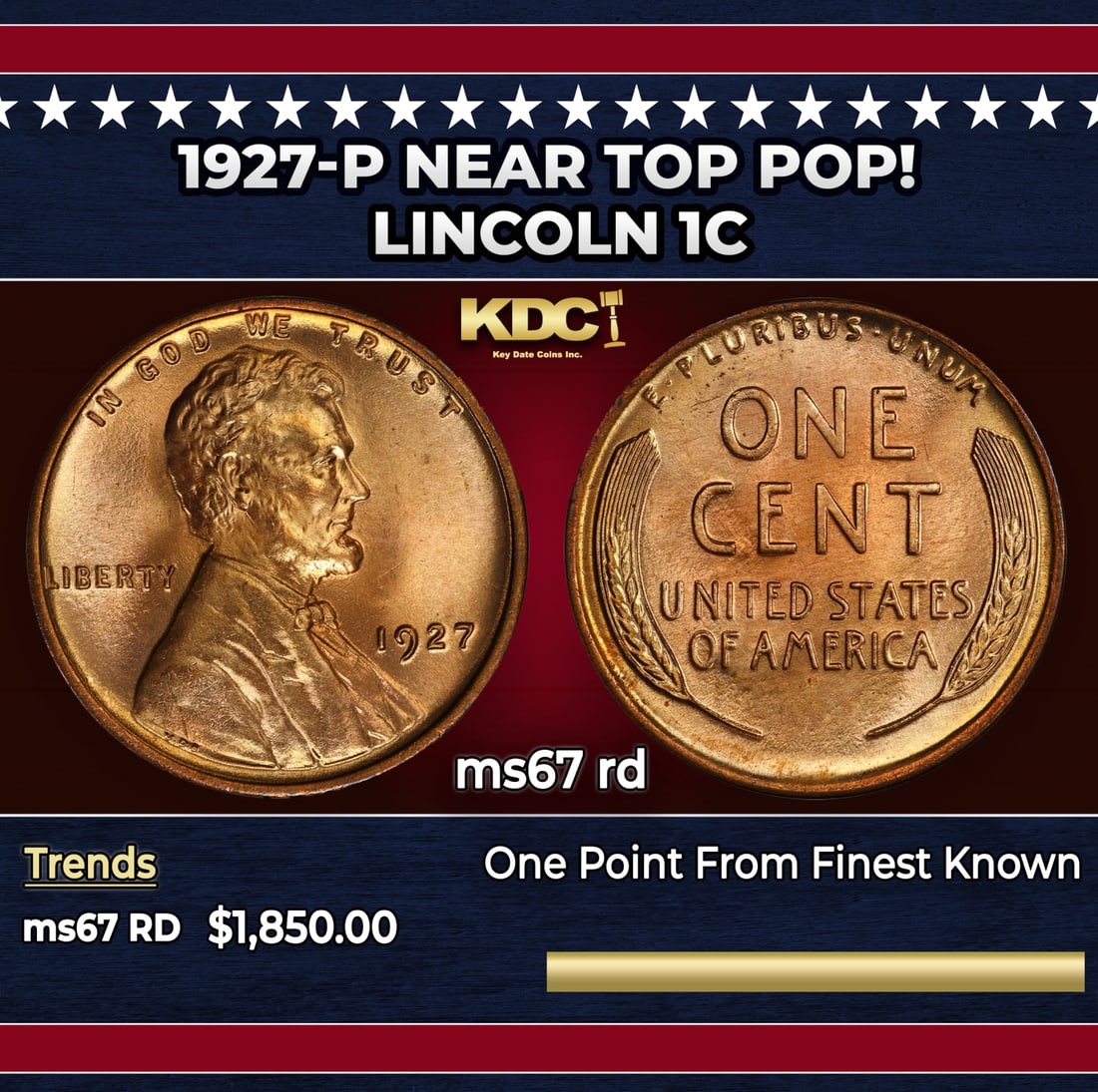 1927-p Lincoln Cent Near Top Pop! 1c ms67 rd SEGS: 1927-p Near Top Pop! Lincoln Cent 1c ms67 rd SEGS.