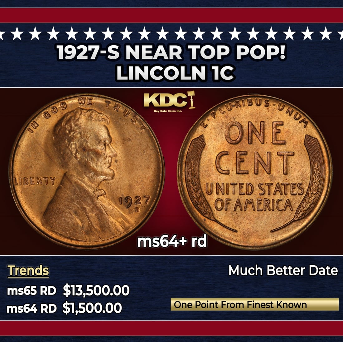 1927-s Lincoln Cent Near Top Pop! 1c ms64+ rd SEGS: 1927-s Near Top Pop! Lincoln Cent 1c ms64+ rd SEGS.