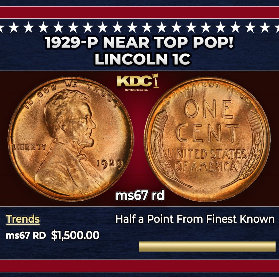 1929-p Lincoln Cent Near Top Pop! 1c ms67 rd SEGS: 1929-p Near Top Pop! Lincoln Cent 1c ms67 rd SEGS.