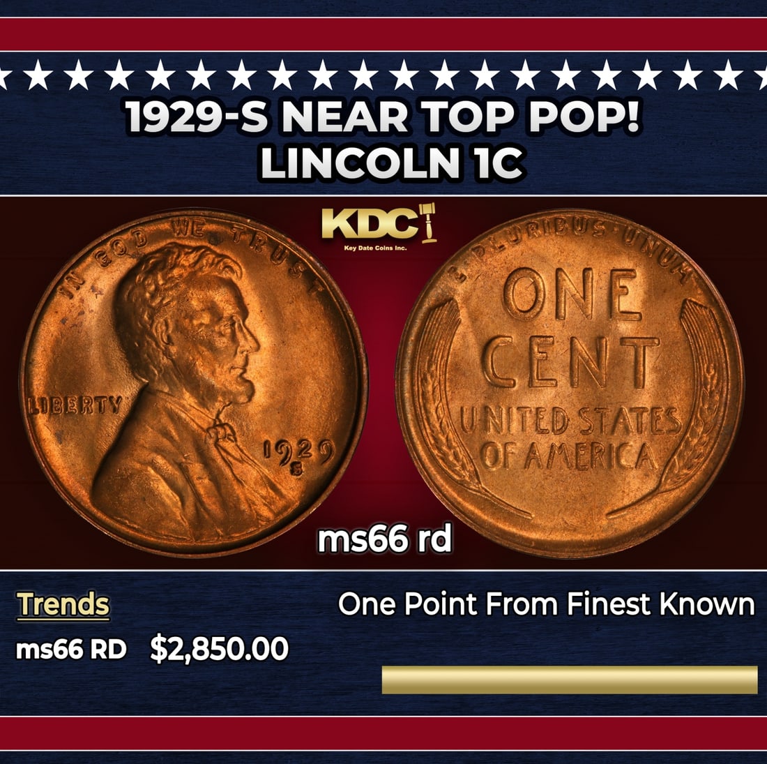 1929-s Lincoln Cent Near Top Pop! 1c ms66 rd SEGS: 1929-s Near Top Pop! Lincoln Cent 1c ms66 rd SEGS.