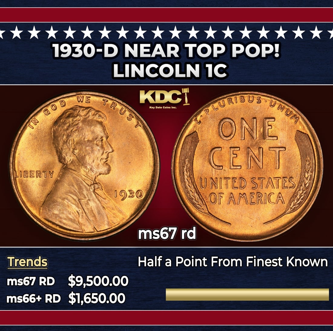 1930-d Lincoln Cent Near Top Pop! 1c ms67 rd SEGS: 1930-d Near Top Pop! Lincoln Cent 1c ms67 rd SEGS.