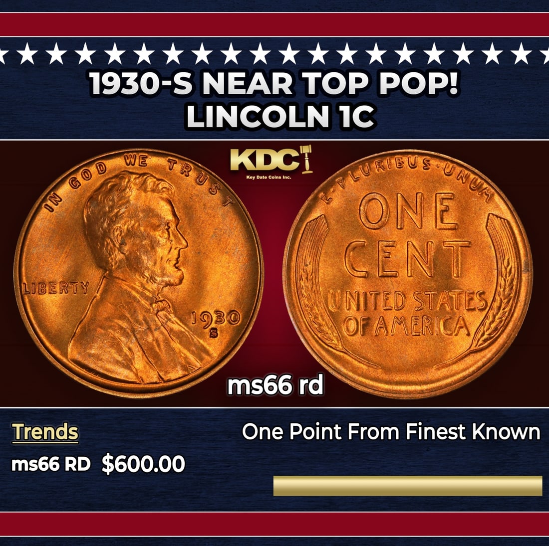 1930-s Lincoln Cent Near Top Pop! 1c Grades ms66 rd: 1930-s Near Top Pop! Lincoln Cent 1c Grades ms66 rd.