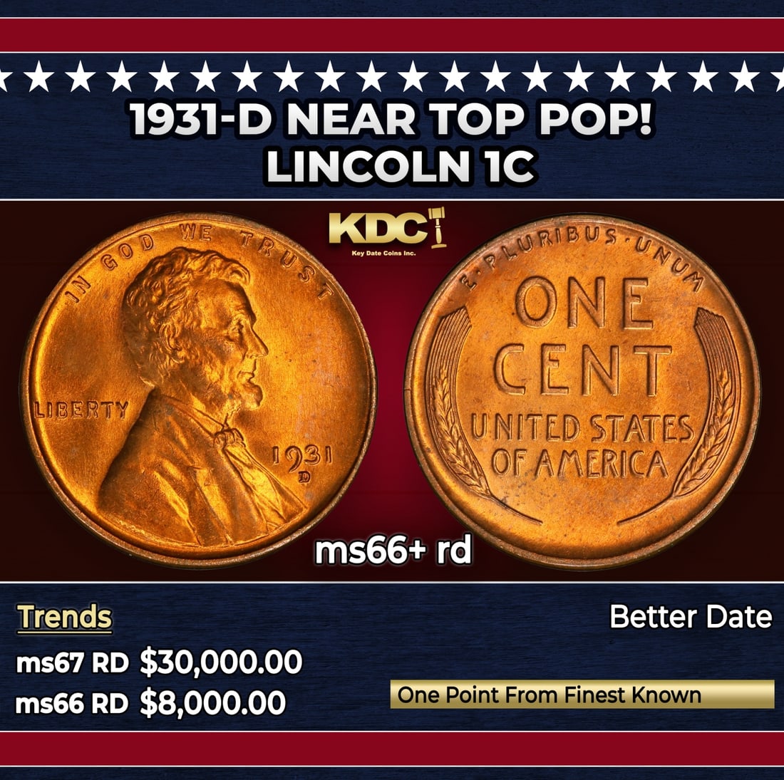 1931-d Lincoln Cent Near Top Pop! 1c ms66+ rd SEGS: 1931-d Near Top Pop! Lincoln Cent 1c ms66+ rd SEGS.