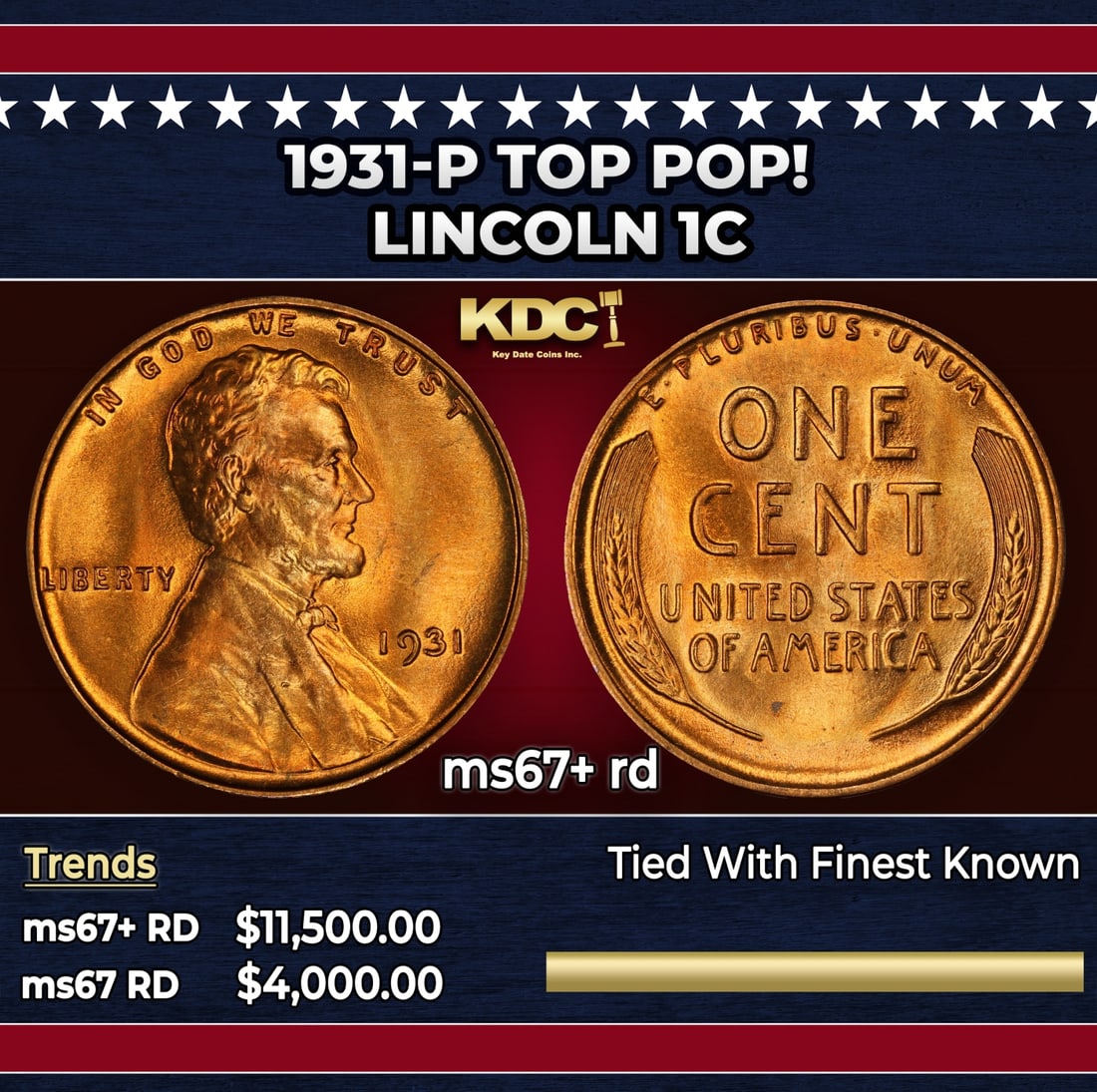 1931-p Lincoln Cent TOP POP! 1c ms67+ rd SEGS: 1931-p TOP POP! Lincoln Cent 1c ms67+ rd SEGS.