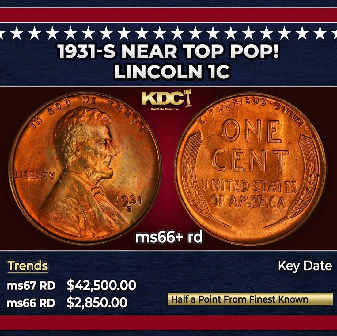 1931-s Lincoln Cent Near Top Pop! 1c ms66+ rd SEGS: 1931-s Near Top Pop! Lincoln Cent 1c ms66+ rd SEGS. Incredibly scarce, Semi Key date.