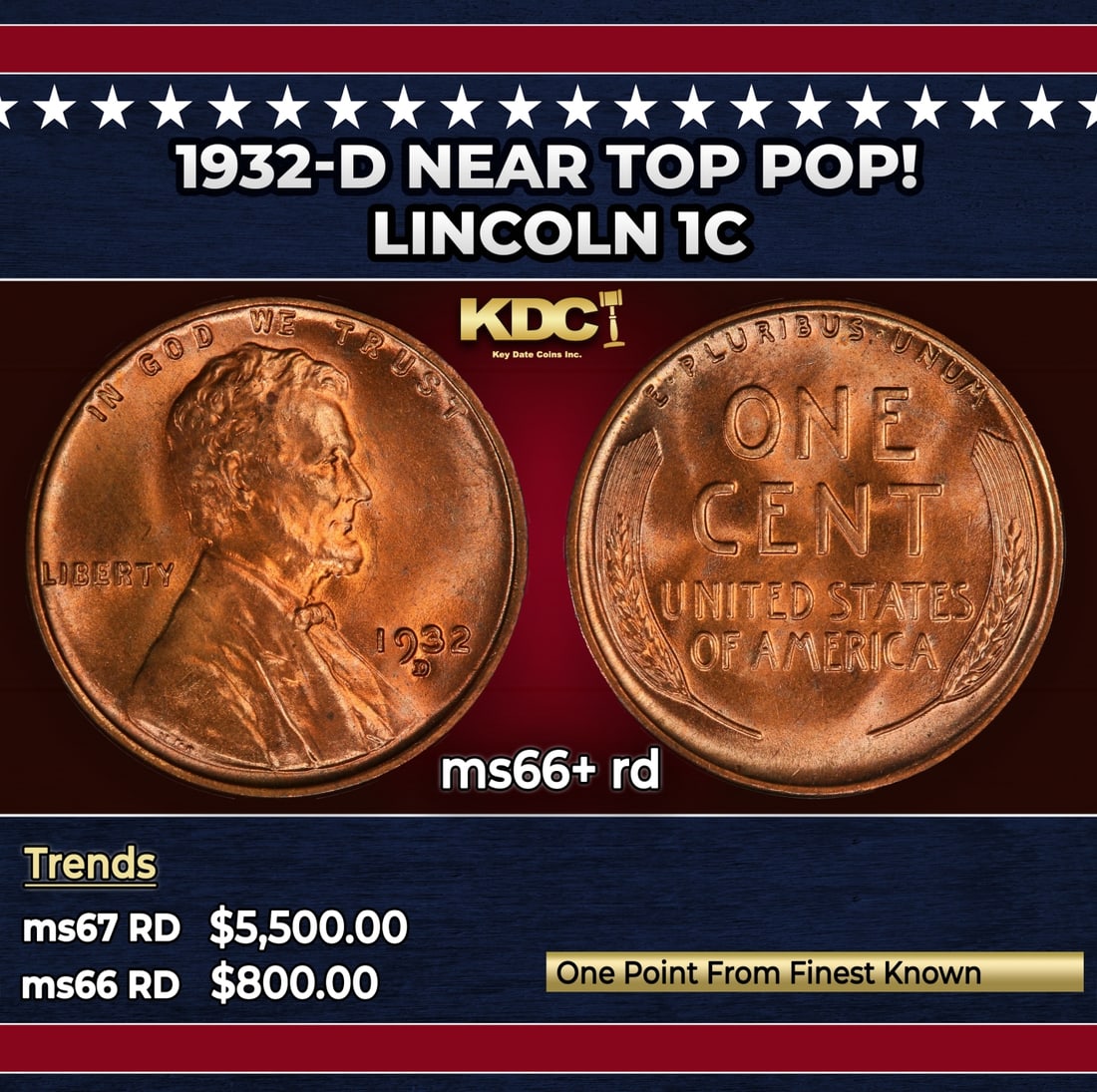 1932-d Lincoln Cent Near Top Pop! 1c ms66+ rd SEGS