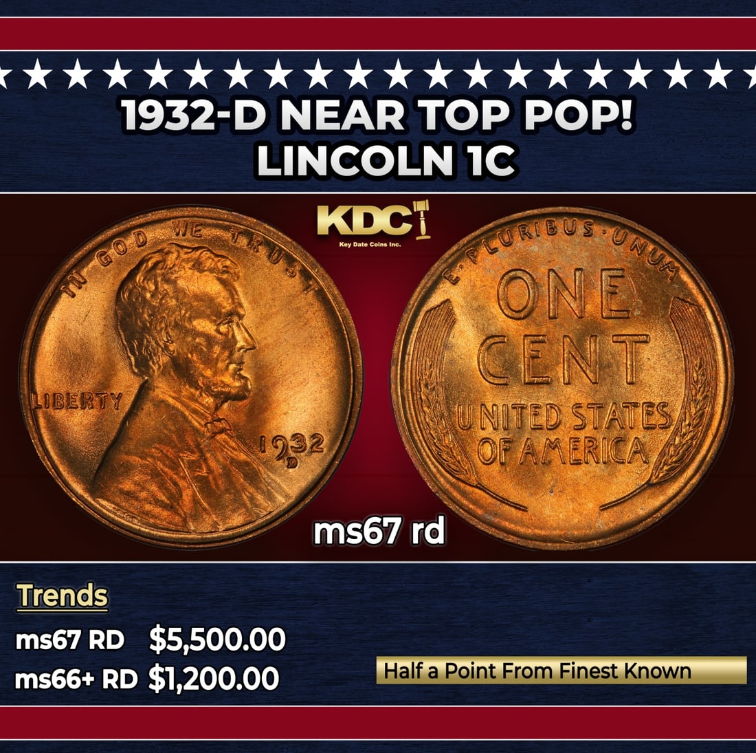 1932-d Lincoln Cent Near Top Pop! 1c ms67 rd SEGS: 1932-d Near Top Pop! Lincoln Cent 1c ms67 rd SEGS.