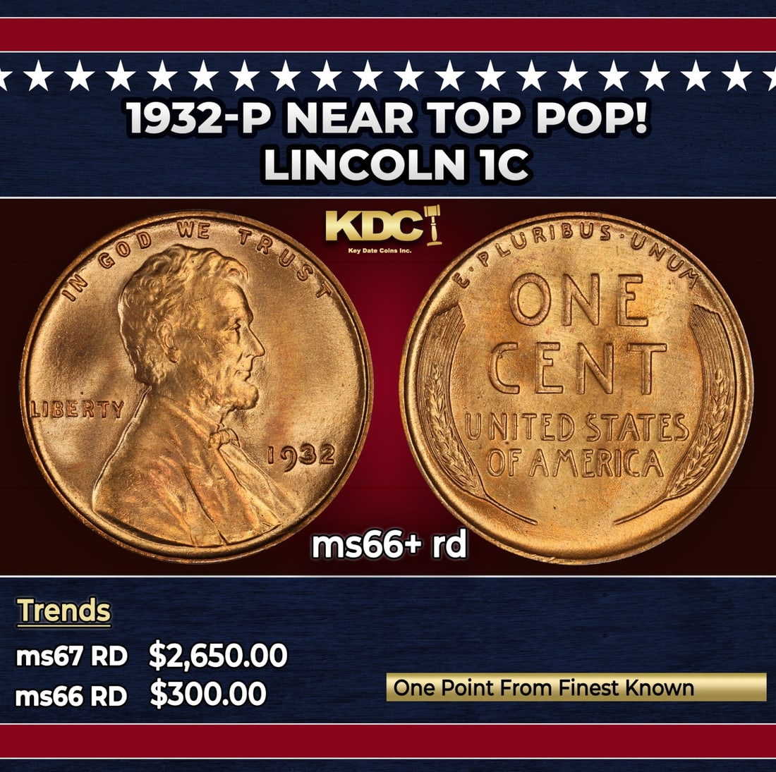 1932-p Lincoln Cent Near Top Pop! 1c ms66+ rd SEGS: 1932-p Near Top Pop! Lincoln Cent 1c ms66+ rd SEGS.