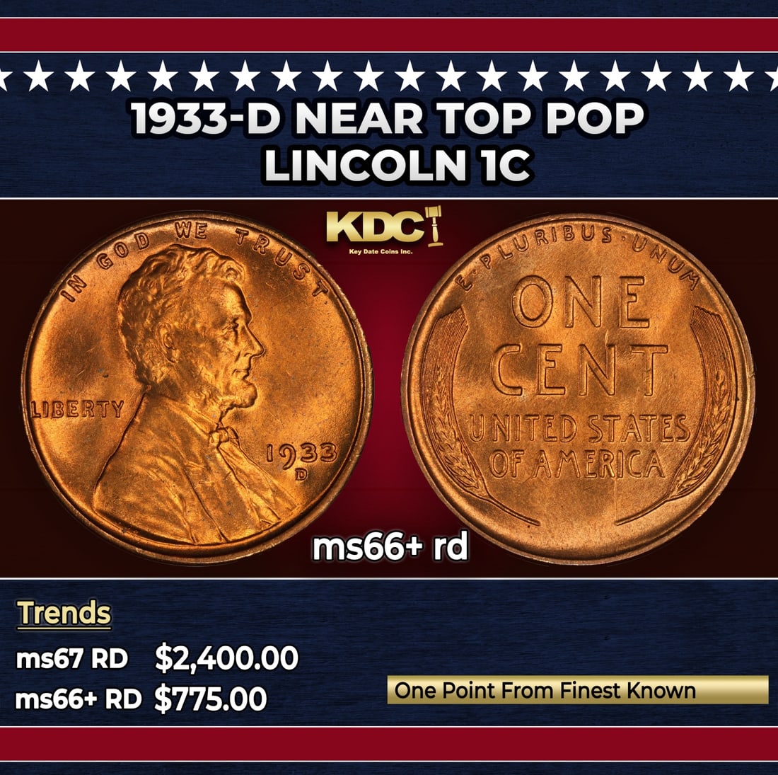1933-d Lincoln Cent Near Top Pop 1c ms66+ rd SEGS: 1933-d Near Top Pop Lincoln Cent 1c ms66+ rd SEGS.