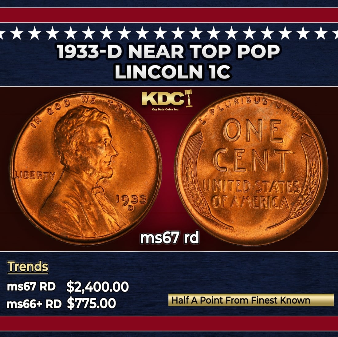 1933-d Lincoln Cent Near Top Pop 1c ms67 rd SEGS: 1933-d Near Top Pop Lincoln Cent 1c ms67 rd SEGS.
