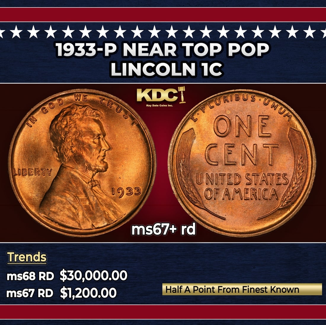 1933-p Lincoln Cent Near Top Pop 1c ms67+ rd SEGS: 1933-p Near Top Pop Lincoln Cent 1c ms67+ rd SEGS.