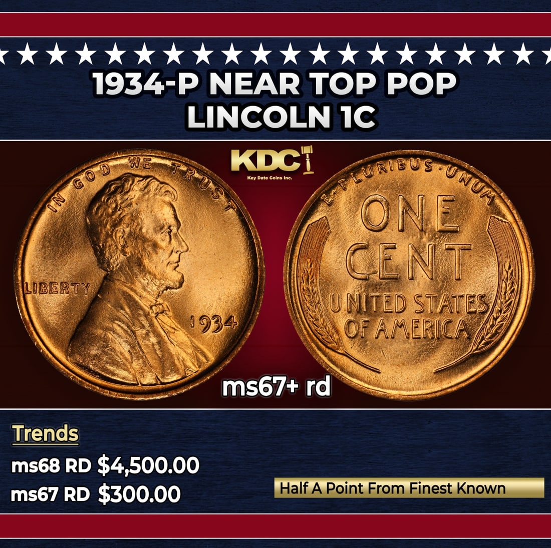 1934-p Lincoln Cent Near Top Pop 1c ms67+ rd SEGS: 1934-p Near Top Pop Lincoln Cent 1c ms67+ rd SEGS.