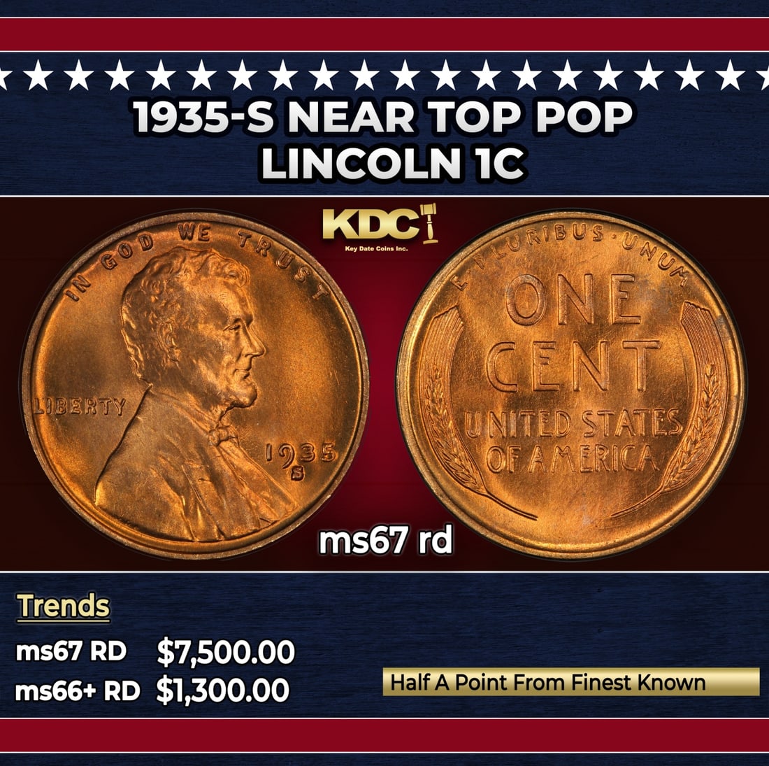 1935-s Lincoln Cent Near Top Pop 1c ms67 rd SEGS: 1935-s Near Top Pop Lincoln Cent 1c ms67 rd SEGS.