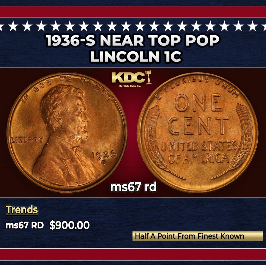 1936-s Lincoln Cent Near Top Pop 1c ms67 rd SEGS: 1936-s Near Top Pop Lincoln Cent 1c ms67 rd SEGS.
