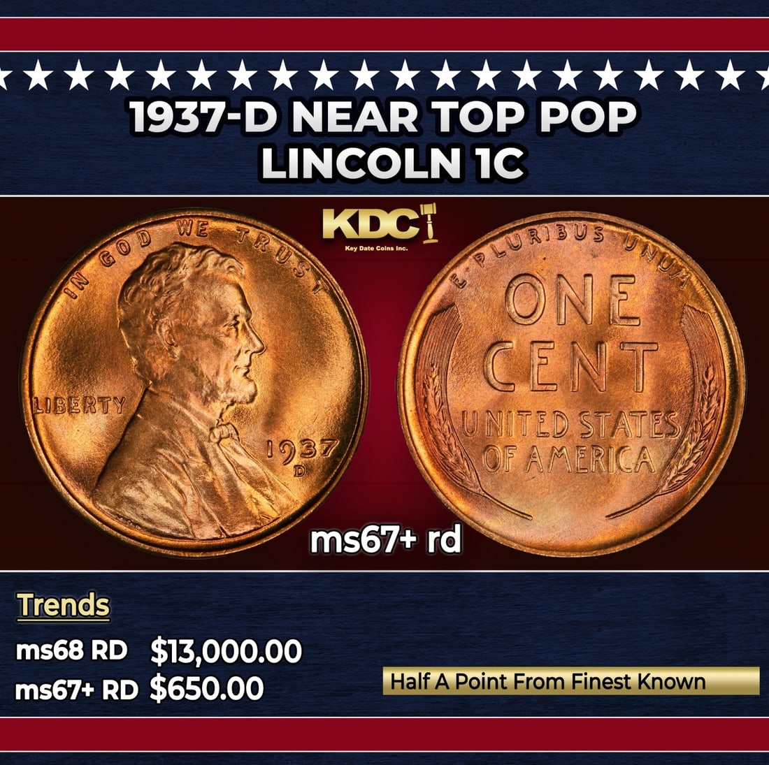 1937-d Lincoln Cent Near Top Pop 1c ms67+ rd SEGS: 1937-d Near Top Pop Lincoln Cent 1c ms67+ rd SEGS.