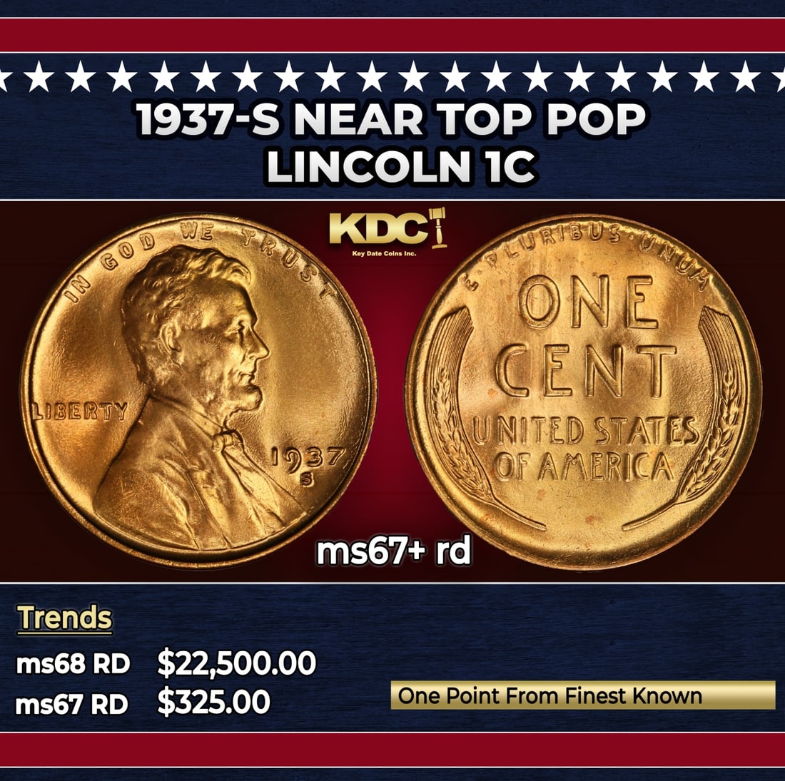 1937-s Lincoln Cent Near Top Pop 1c ms67+ rd SEGS: 1937-s Near Top Pop Lincoln Cent 1c ms67+ rd SEGS.