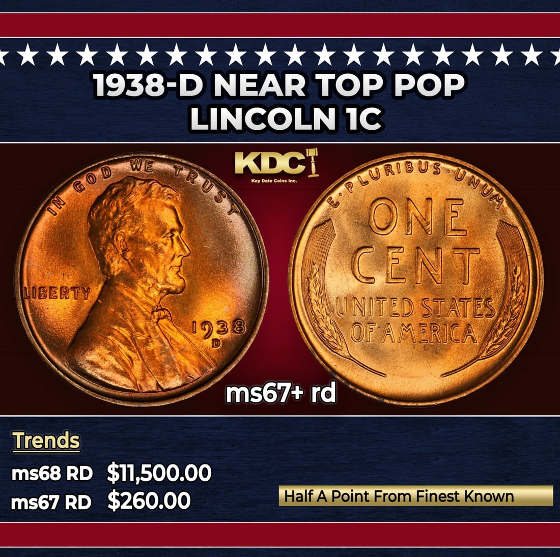 1938-d Lincoln Cent Near Top Pop 1c ms67+ rd SEGS: 1938-d Near Top Pop Lincoln Cent 1c ms67+ rd SEGS.