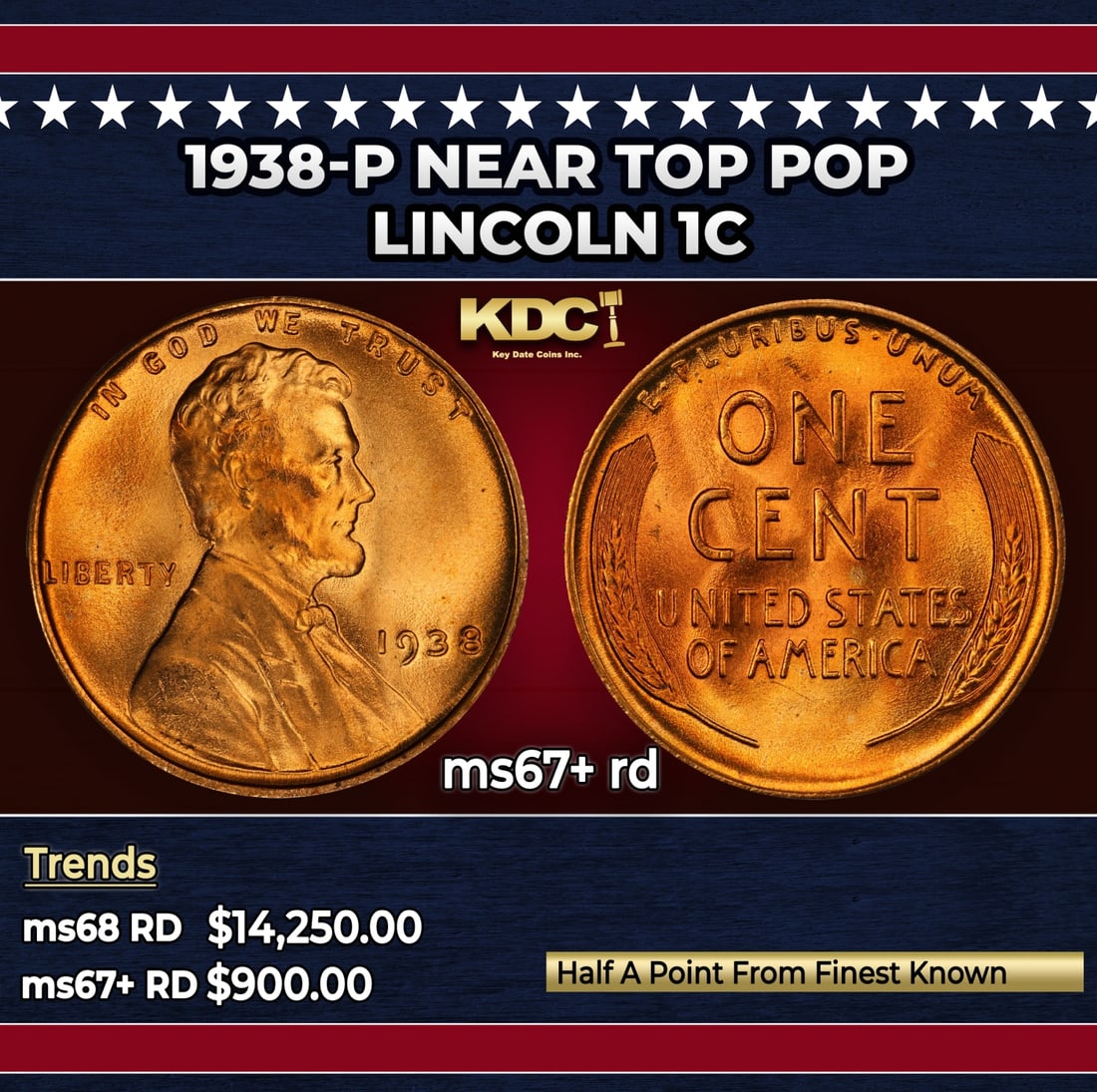 1938-p Lincoln Cent Near Top Pop 1c ms67+ rd SEGS: 1938-p Near Top Pop Lincoln Cent 1c ms67+ rd SEGS.
