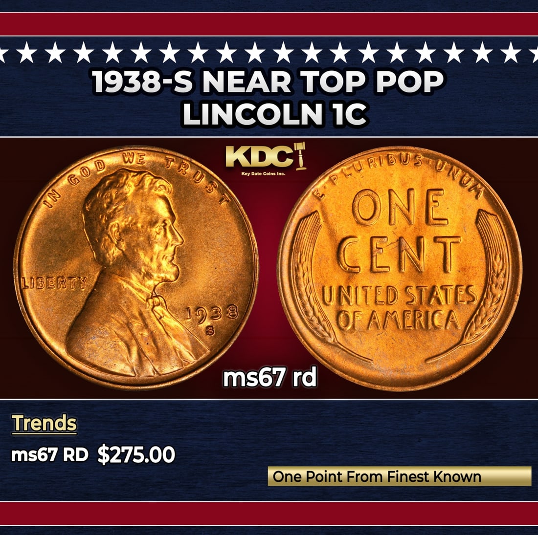 1938-s Lincoln Cent Near Top Pop 1c ms67 rd SEGS: 1938-s Near Top Pop Lincoln Cent 1c ms67 rd SEGS.