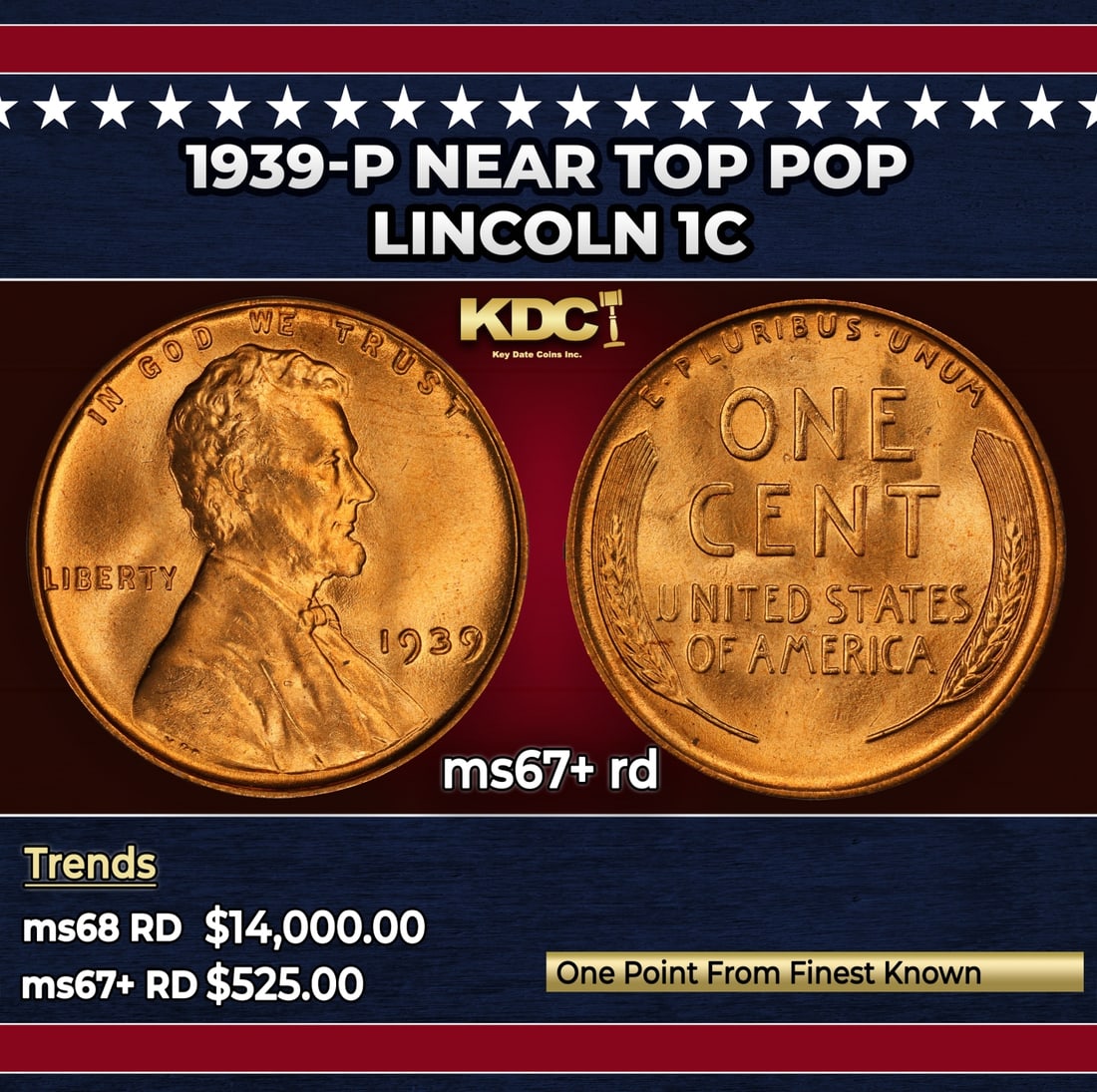 1939-p Lincoln Cent Near Top Pop 1c ms67+ rd SEGS: 1939-p Near Top Pop Lincoln Cent 1c ms67+ rd SEGS.