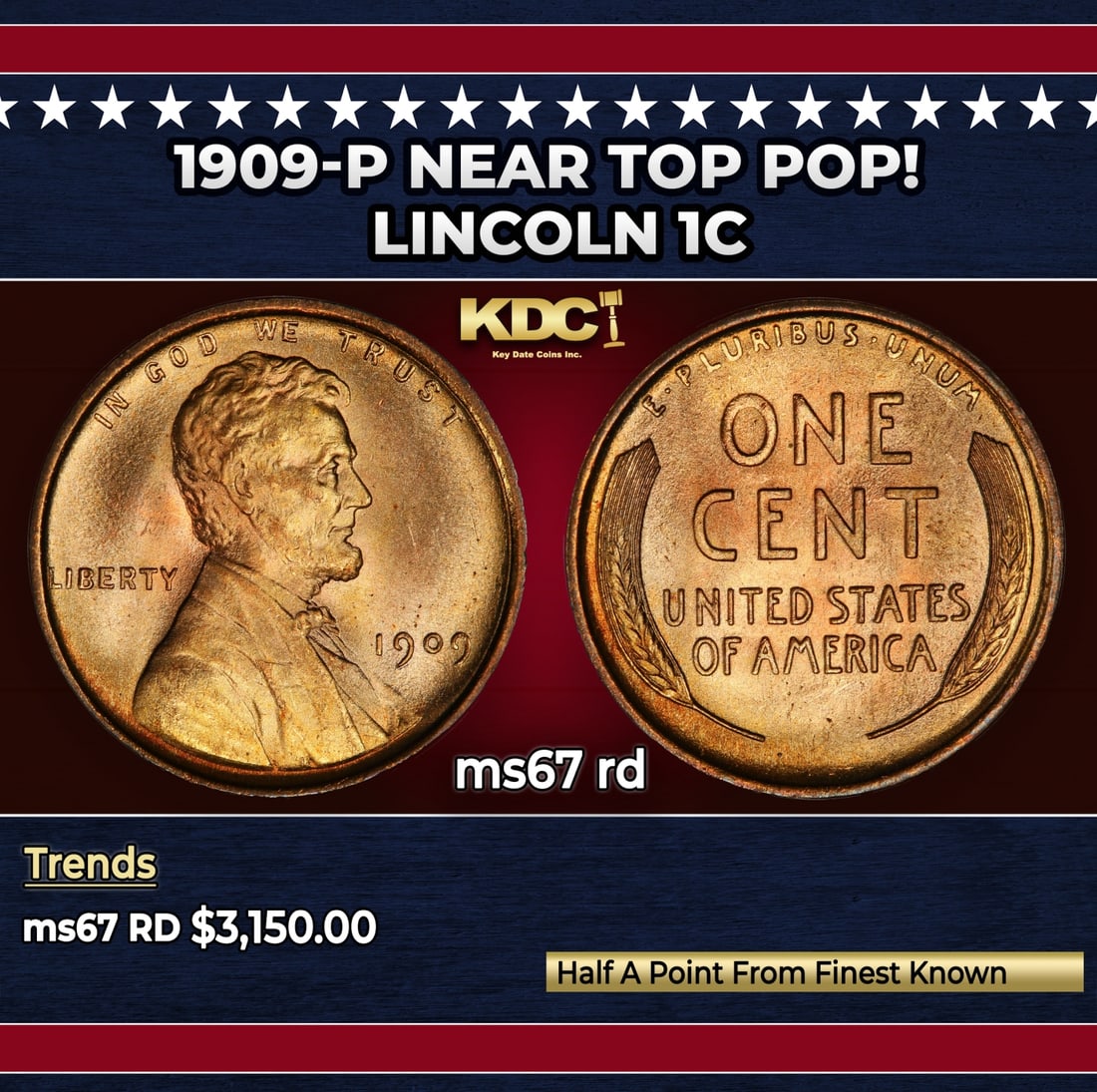 1909-p Lincoln Cent Near Top Pop! 1c ms67 rd SEGS: 1909-p Near Top Pop! Lincoln Cent 1c ms67 rd SEGS.