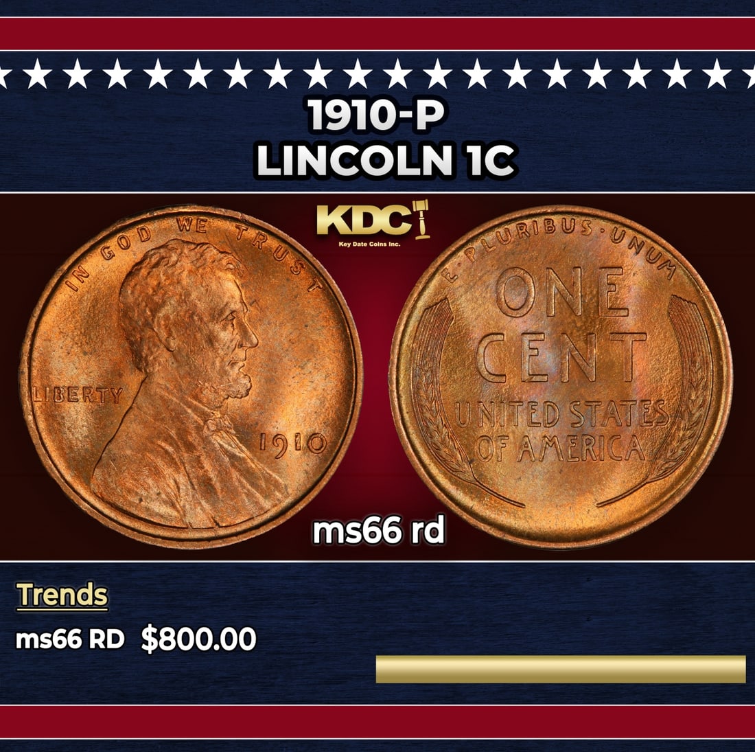 1910-p Lincoln Cent 1c Grades ms66 rd: 1910-p Lincoln Cent 1c Grades ms66 rd.