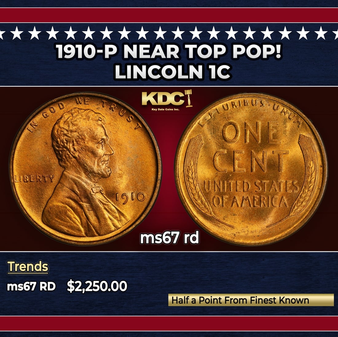 1910-p Lincoln Cent Near Top Pop! 1c ms67 rd SEGS: 1910-p Near Top Pop! Lincoln Cent 1c ms67 rd SEGS.