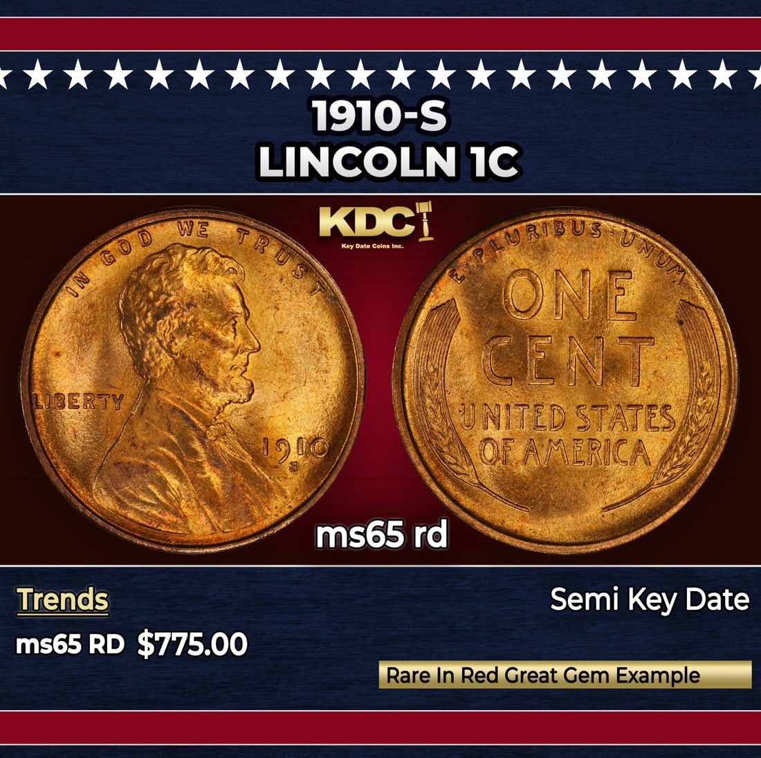 1910-s Lincoln Cent 1c Grades ms65 rd: 1910-s Lincoln Cent 1c Grades ms65 rd. Semi Key Date. Per David Hall of PCGS "The 1910-s has long been considered a semi-key date in circulated grades"