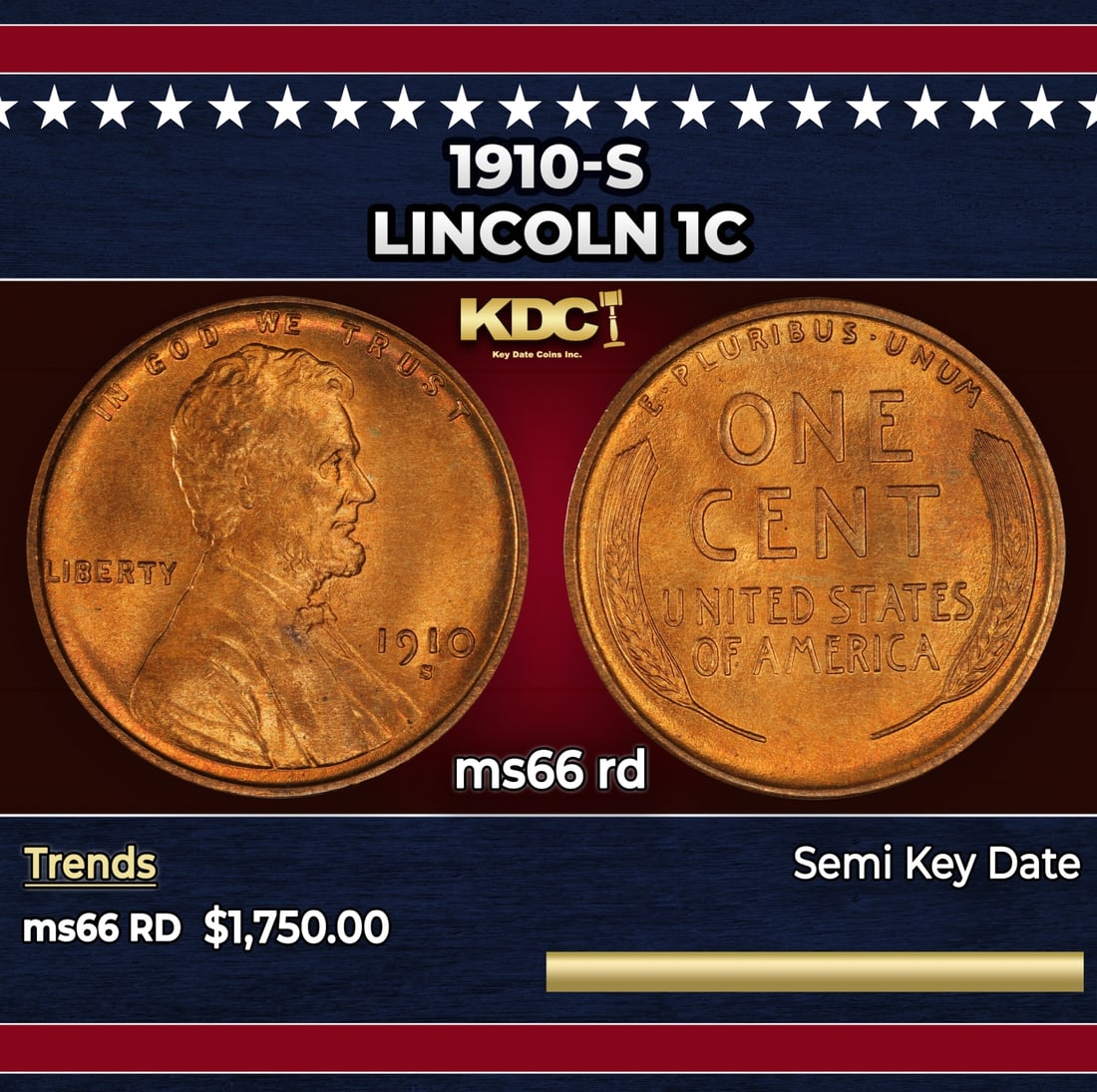 1910-s Lincoln Cent 1c ms66 rd SEGS: 1910-s Lincoln Cent 1c ms66 rd SEGS. Semi Key Date. Per David Hall of PCGS "The 1910-s has long been considered a semi-key date in circulated grades"