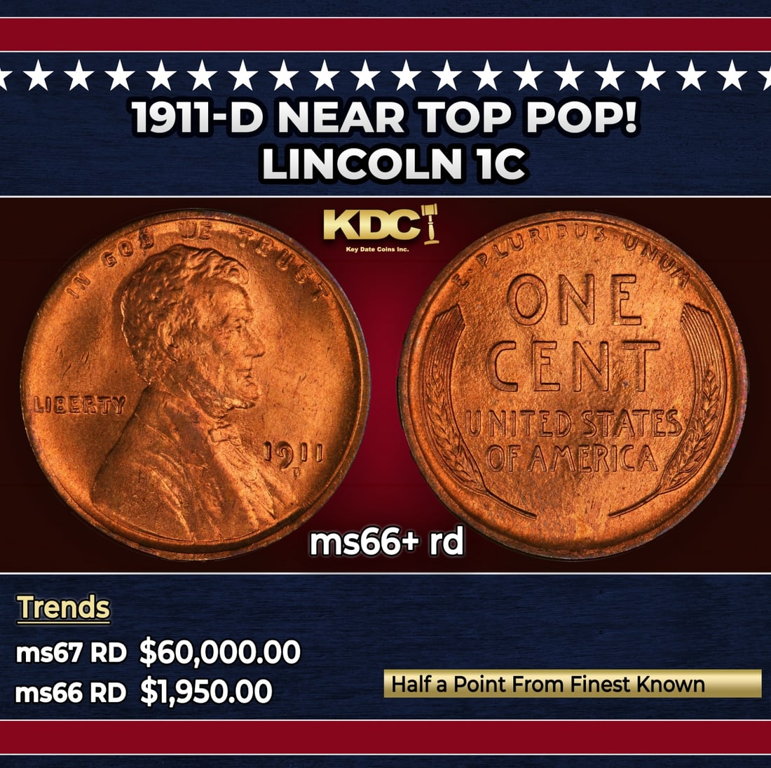 1911-d Lincoln Cent Near Top Pop! 1c ms66+ rd SEGS: 1911-d Near Top Pop! Lincoln Cent 1c ms66+ rd SEGS. Incredibly scarce date. Out of an original mintage of over 12 million,