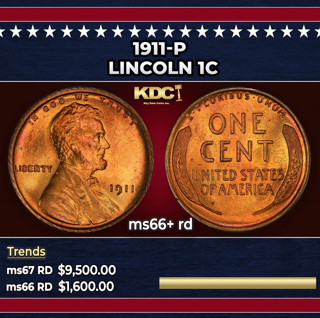 1911-p Lincoln Cent 1c ms66+ rd SEGS: 1911-p Lincoln Cent 1c ms66+ rd SEGS.