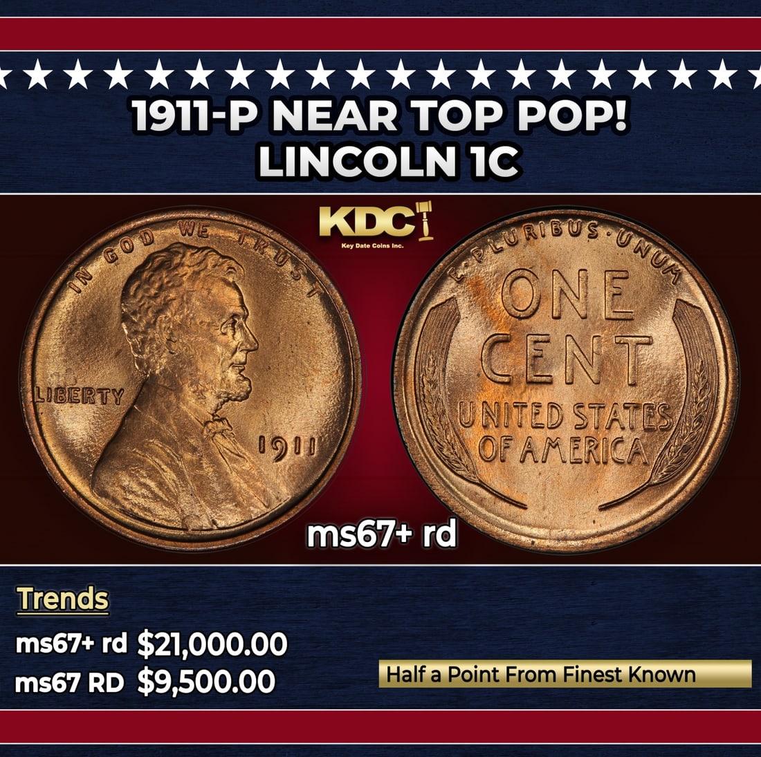1911-p Lincoln Cent Near Top Pop! 1c ms67+ rd SEGS: 1911-p Near Top Pop! Lincoln Cent 1c ms67+ rd SEGS.