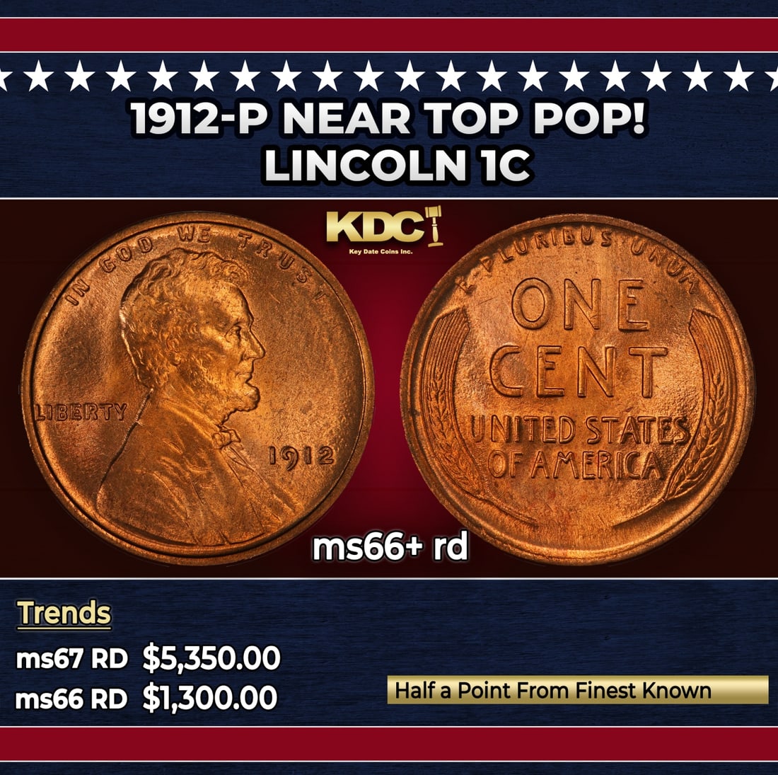 1912-p Lincoln Cent Near Top Pop! 1c ms66+ rd SEGS: 1912-p Near Top Pop! Lincoln Cent 1c ms66+ rd SEGS.